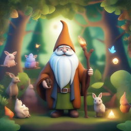 A whimsical gnome druid standing in an enchanted forest, surrounded by magical plants and animals