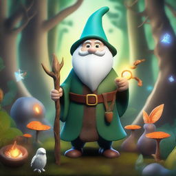 A whimsical gnome druid standing in an enchanted forest, surrounded by magical plants and animals