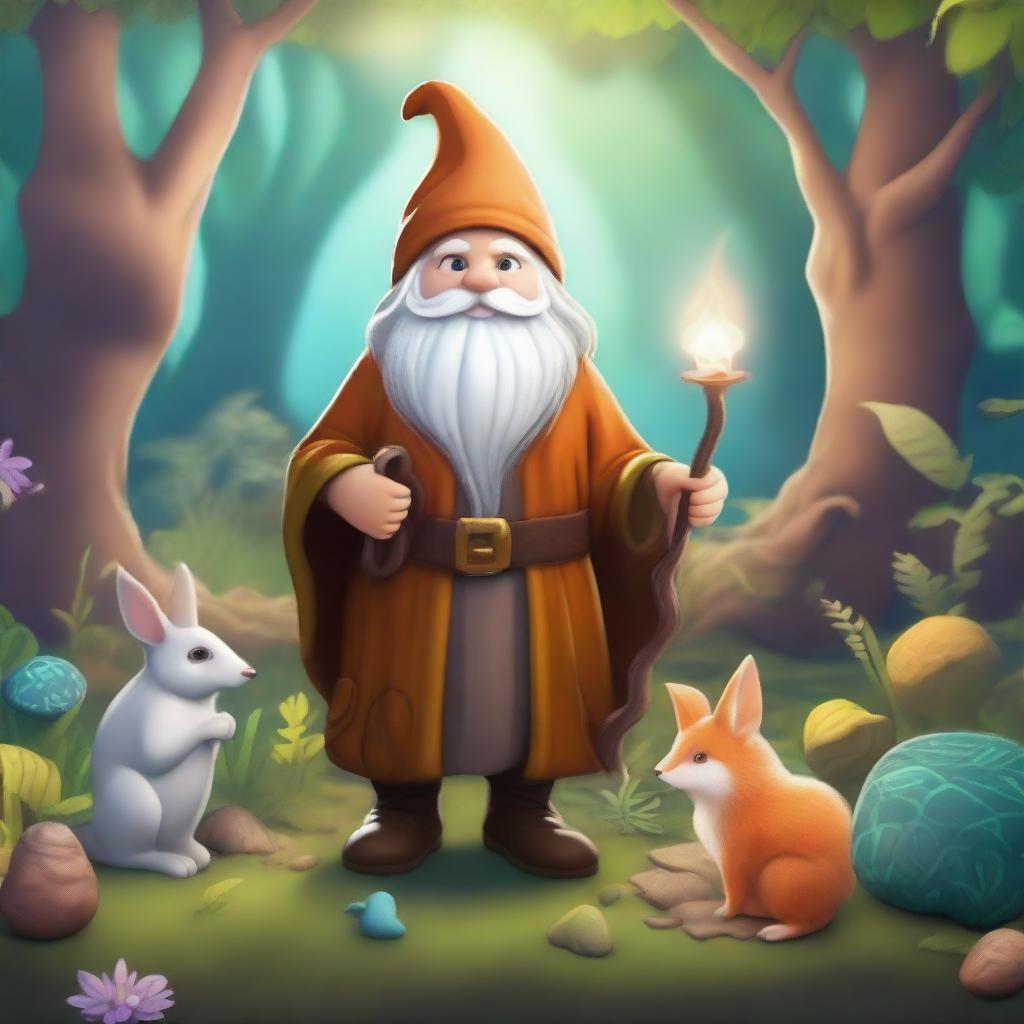 A whimsical gnome druid standing in an enchanted forest, surrounded by magical plants and animals