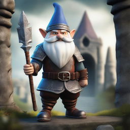 A fantasy gnome warrior wearing leather armor, standing confidently with a spear strapped to his back