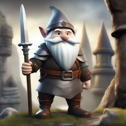 A fantasy gnome warrior wearing leather armor, standing confidently with a spear strapped to his back