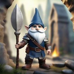 A fantasy gnome warrior wearing leather armor, standing confidently with a spear strapped to his back