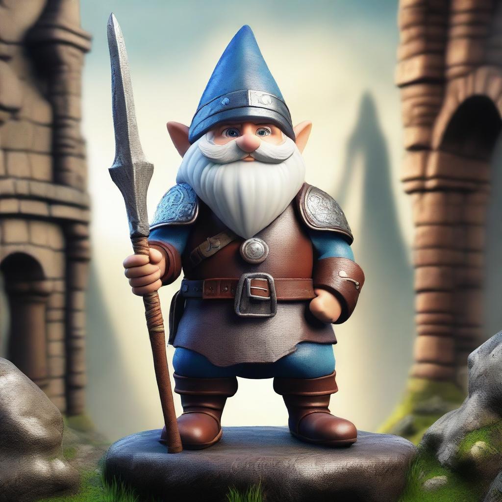 A fantasy gnome warrior wearing leather armor, standing confidently with a spear strapped to his back