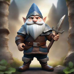 A realistic fantasy depiction of a gnome warrior wearing detailed leather armor, standing confidently with a spear strapped to his back