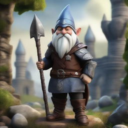 A realistic fantasy depiction of a gnome warrior wearing detailed leather armor, standing confidently with a spear strapped to his back