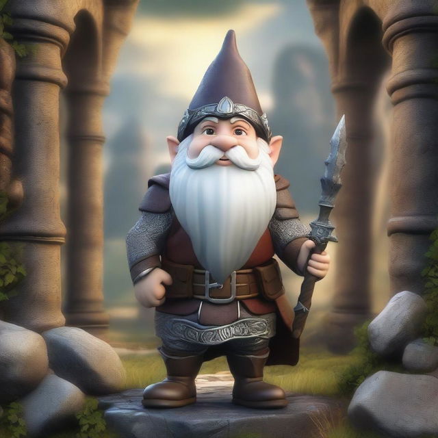 A realistic fantasy depiction of a gnome warrior wearing detailed leather armor, standing confidently with a spear strapped to his back