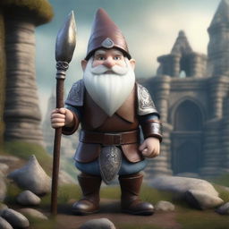 A realistic fantasy depiction of a gnome warrior wearing detailed leather armor, standing confidently with a spear strapped to his back