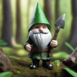 A realistic gnome with a spear on his back and glowing green eyes