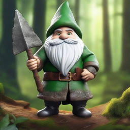 A realistic gnome with a spear on his back and glowing green eyes