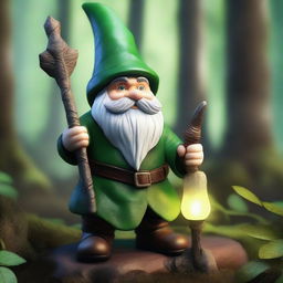 A realistic gnome with a spear on his back and glowing green eyes