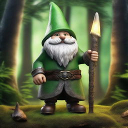 A realistic gnome with a spear on his back and glowing green eyes