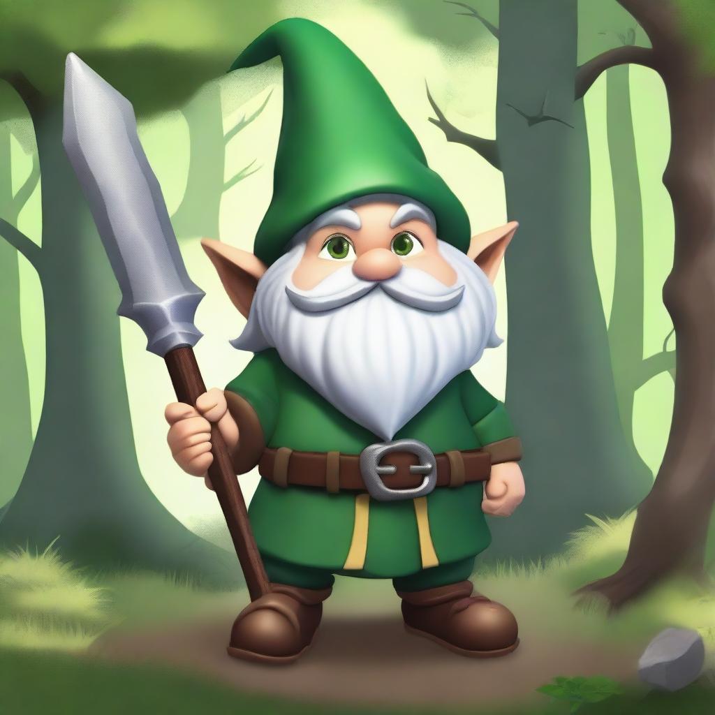 A Dungeon and Dragons gnome character with a spear on their back and green eyes