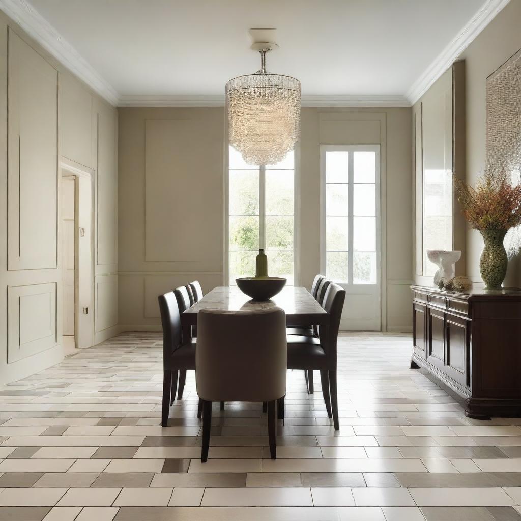 A sophisticated dining room featuring tile flooring and walls, with a focus on changing the color scheme of the wallets in the image