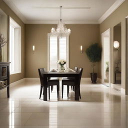 A sophisticated dining room featuring tile flooring and walls, with a focus on changing the color scheme of the wallets in the image