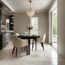A sophisticated dining room featuring tile flooring and walls, with a focus on changing the color scheme of the wallets in the image