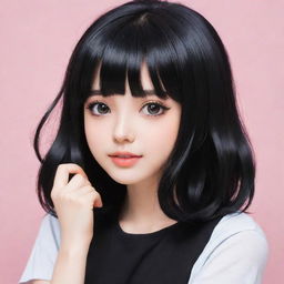 Anime style cute girl with glossy black hair.