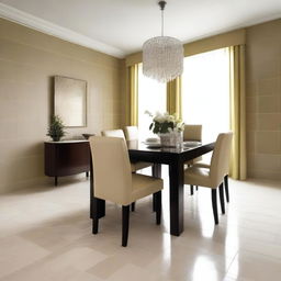 A sophisticated dining room featuring tile flooring and walls, with a focus on changing the color scheme of the wallets in the image