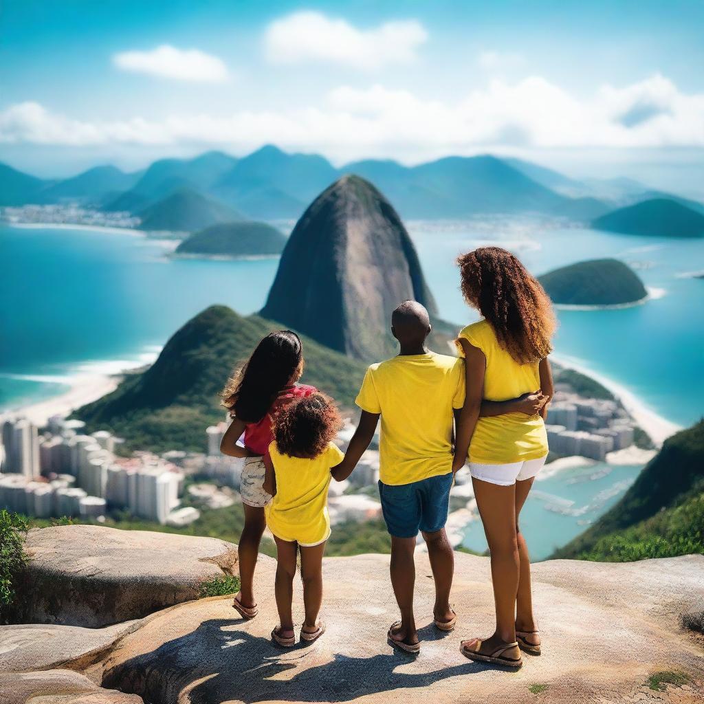 A vibrant and exciting image of a family on an adventure in Rio de Janeiro, standing on the famous Pedra do Telégrafo