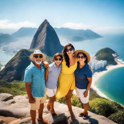 A vibrant and exciting image of a family on an adventure in Rio de Janeiro, standing on the famous Pedra do Telégrafo