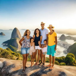 A vibrant and exciting image of a family on an adventure in Rio de Janeiro, standing on the famous Pedra do Telégrafo