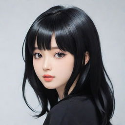 Anime style cute girl with glossy black hair.