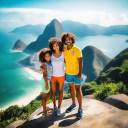 A vibrant and exciting image of a family on an adventure in Rio de Janeiro, standing on the famous Pedra do Telégrafo