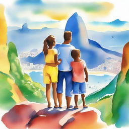 A vibrant and exciting watercolor-style image of a family on an adventure in Rio de Janeiro, standing on the famous Pedra do Telégrafo