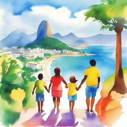 A vibrant and exciting watercolor-style image of a family on an adventure in Rio de Janeiro, standing on the famous Pedra do Telégrafo