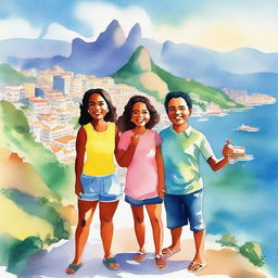 A vibrant and exciting watercolor-style image of a family on an adventure in Rio de Janeiro, standing on the famous Pedra do Telégrafo