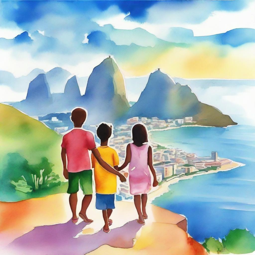 A vibrant and exciting watercolor-style image of a family on an adventure in Rio de Janeiro, standing on the famous Pedra do Telégrafo