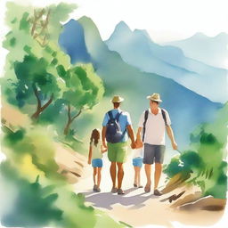 A serene and beautiful watercolor-style image of a family on a hiking adventure in Rio de Janeiro