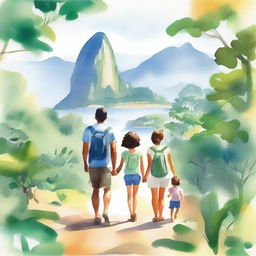 A serene and beautiful watercolor-style image of a family on a hiking adventure in Rio de Janeiro