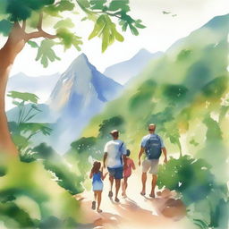 A serene and beautiful watercolor-style image of a family on a hiking adventure in Rio de Janeiro