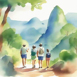 A serene and beautiful watercolor-style image of a family on a hiking adventure in Rio de Janeiro