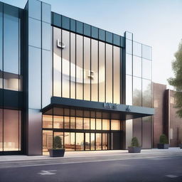 A realistic image of the facade of a modern commercial building with the name 'UR' prominently displayed