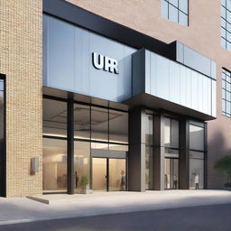 A realistic image of the facade of a modern commercial building with the name 'UR' prominently displayed