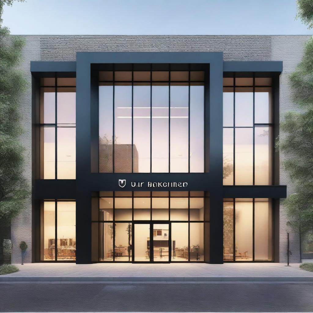 A realistic image of the facade of a modern commercial building with the name 'UR' prominently displayed