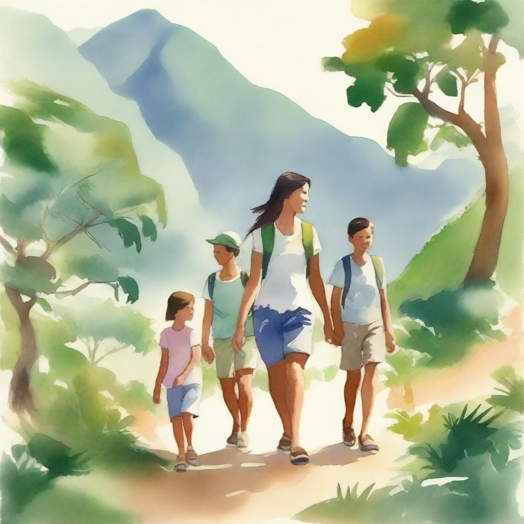 A serene and beautiful watercolor-style image of a family on a hiking adventure in Rio de Janeiro