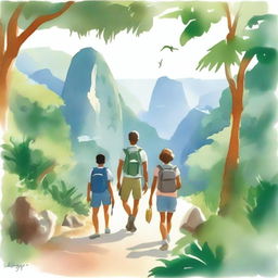 A serene and beautiful watercolor-style image of a family on a hiking adventure in Rio de Janeiro