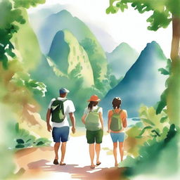 A serene and beautiful watercolor-style image of a family on a hiking adventure in Rio de Janeiro