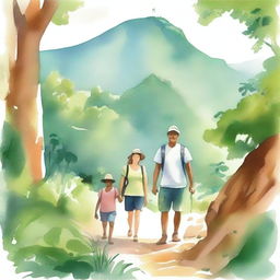 A serene and beautiful watercolor-style image of a family on a hiking adventure in Rio de Janeiro