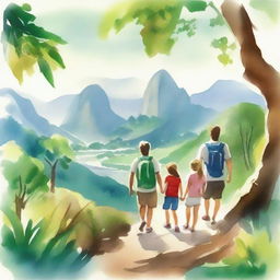 A serene and beautiful watercolor-style image of a family on a hiking adventure in Rio de Janeiro, viewed from behind