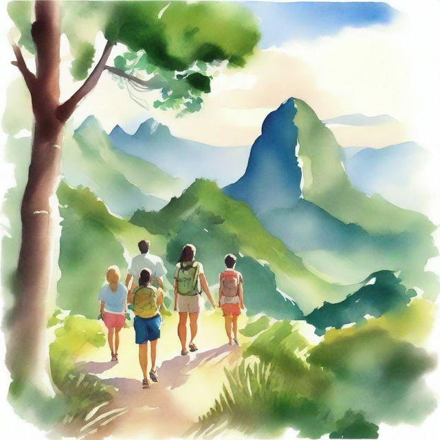 A serene and beautiful watercolor-style image of a family on a hiking adventure in Rio de Janeiro, viewed from behind