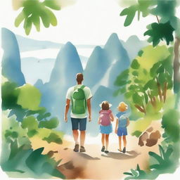 A serene and beautiful watercolor-style image of a family on a hiking adventure in Rio de Janeiro, viewed from behind