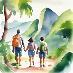 A serene and beautiful watercolor-style image of a family on a hiking adventure in Rio de Janeiro, viewed from behind