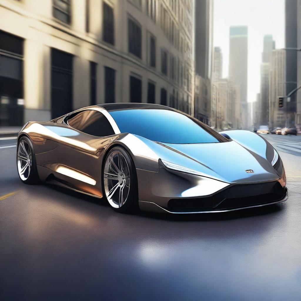 Create an image of a super cool car with a sleek design, futuristic features, and a shiny metallic finish