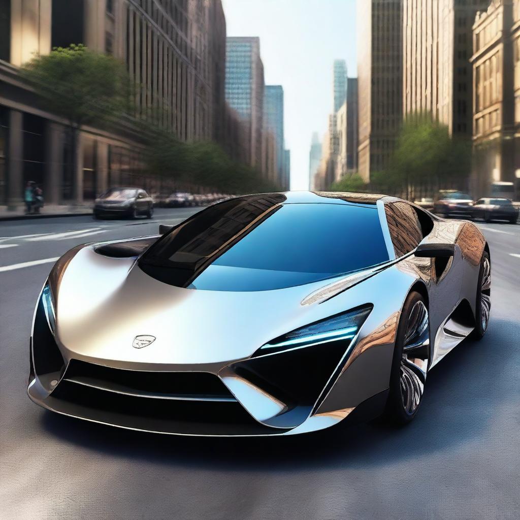 Create an image of a super cool car with a sleek design, futuristic features, and a shiny metallic finish