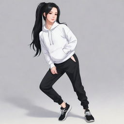 Anime style cute girl with long black hair in a ponytail, wearing black sweatpants.