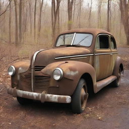 Create an image of an extremely old and rusty car