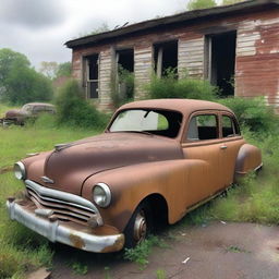 A super old rusty car parked in an abandoned lot